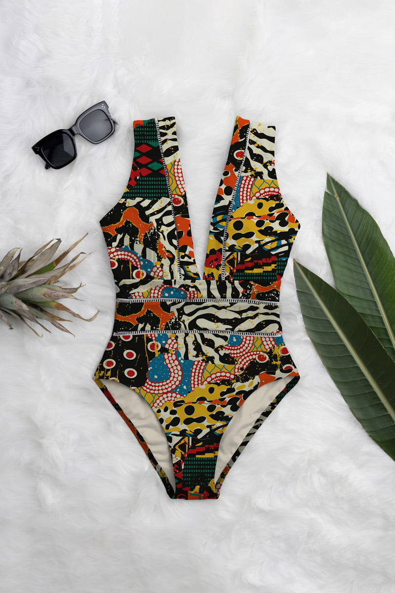 Sexy Deep Plunge Tropical Palm Leaf Trikini Bathing Suit Monokini
